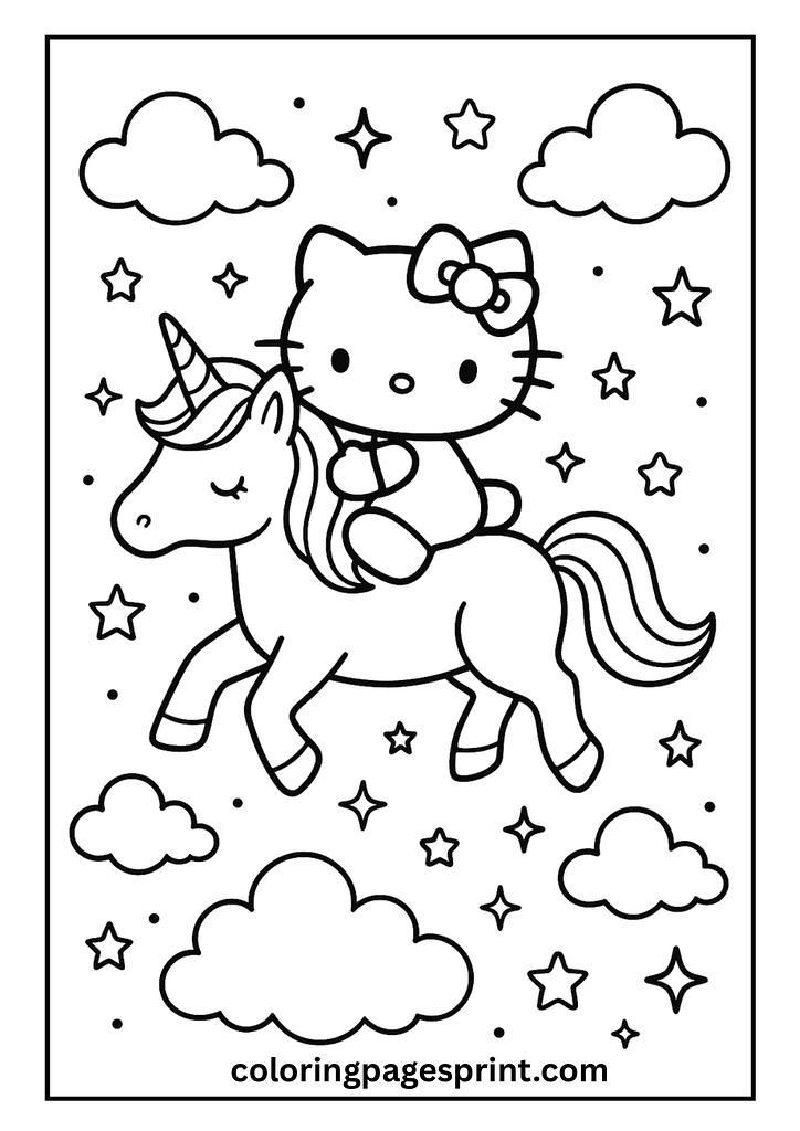 hello kitty unicorn riding coloring page