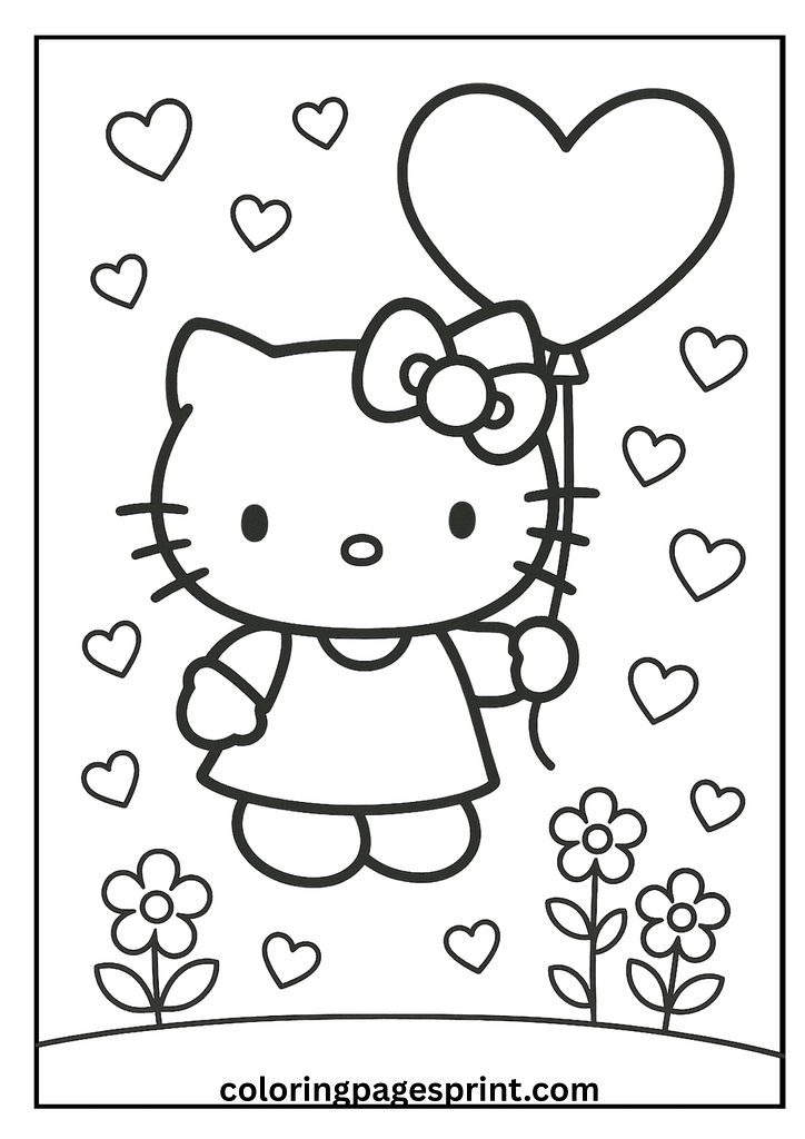 Hello Kitty coloring page standing with bow smiling