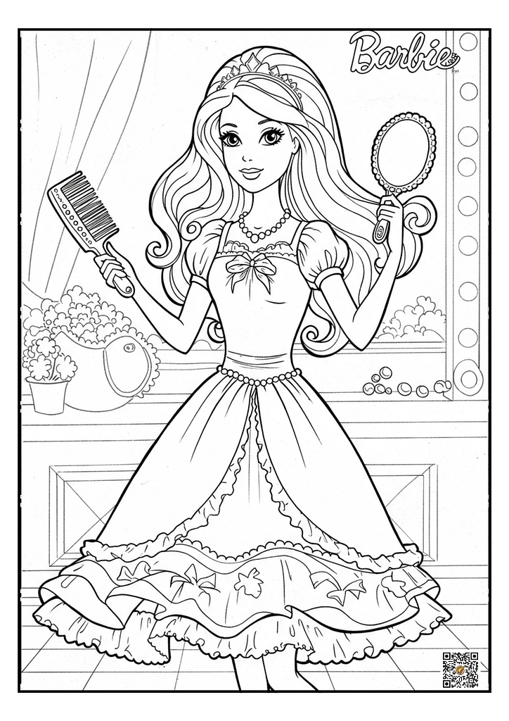 Barbie holding a hairbrush and mirror coloring page