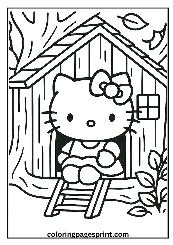 Hello Kitty sitting at door coloring page