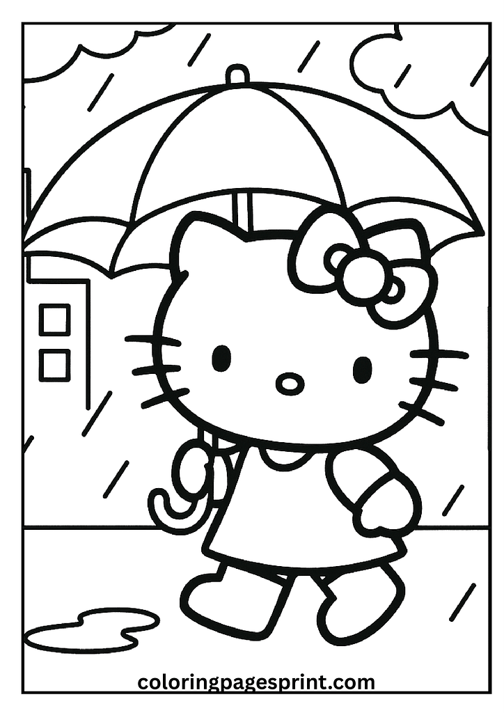 Hello Kitty umbrella rainy day coloring