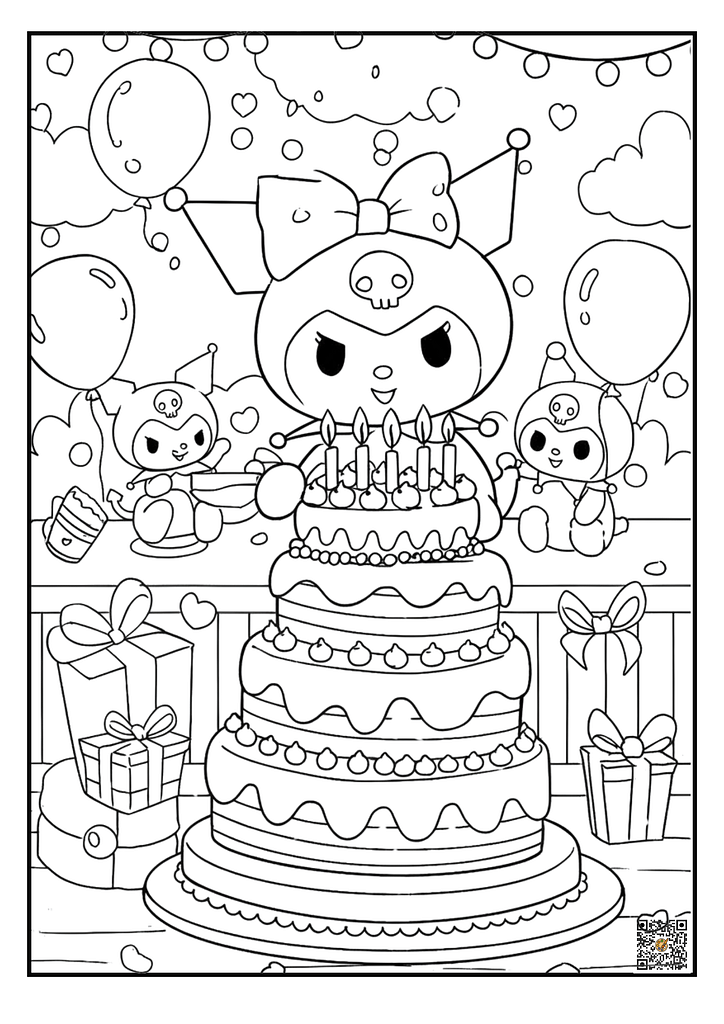 Kuromi celebrating with big birthday cake coloring page