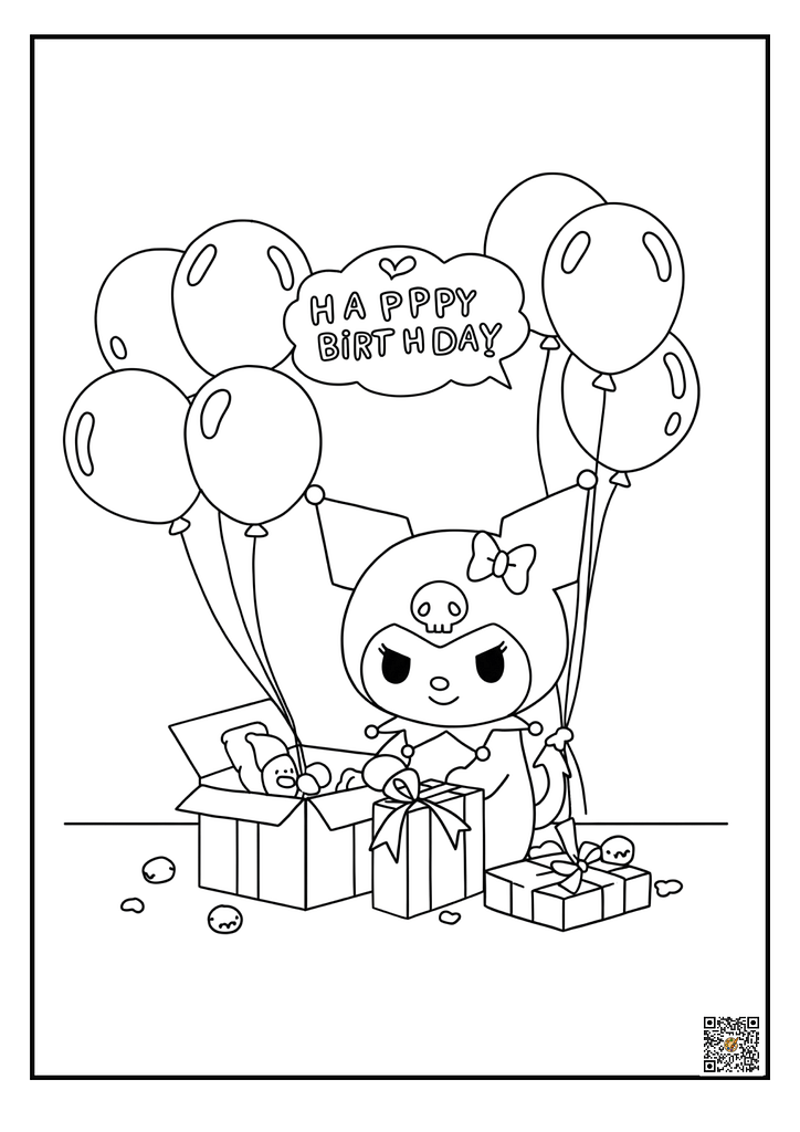 Kuromi opening birthday presents with balloons coloring page