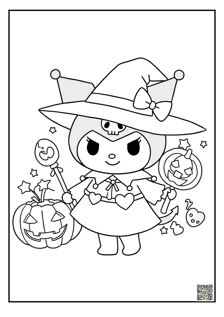 Kuromi dressed as witch for Halloween coloring page