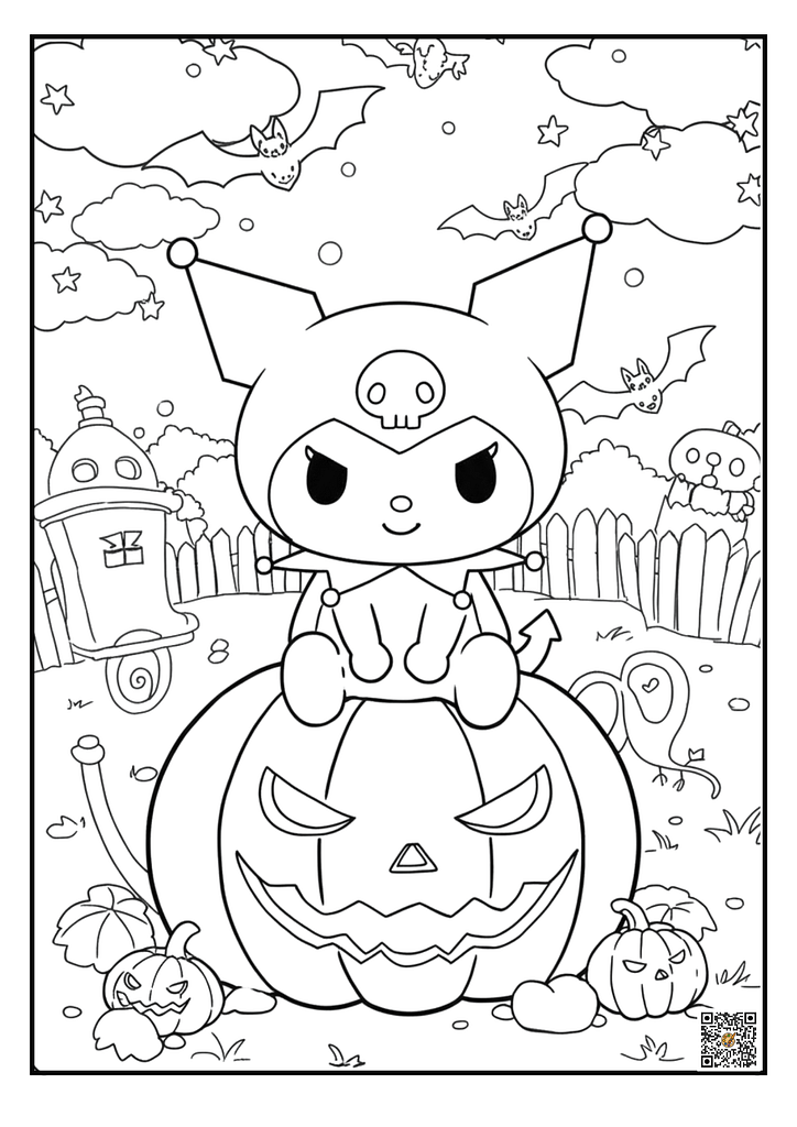 Kuromi sitting on pumpkin with bats coloring page (Halloween)