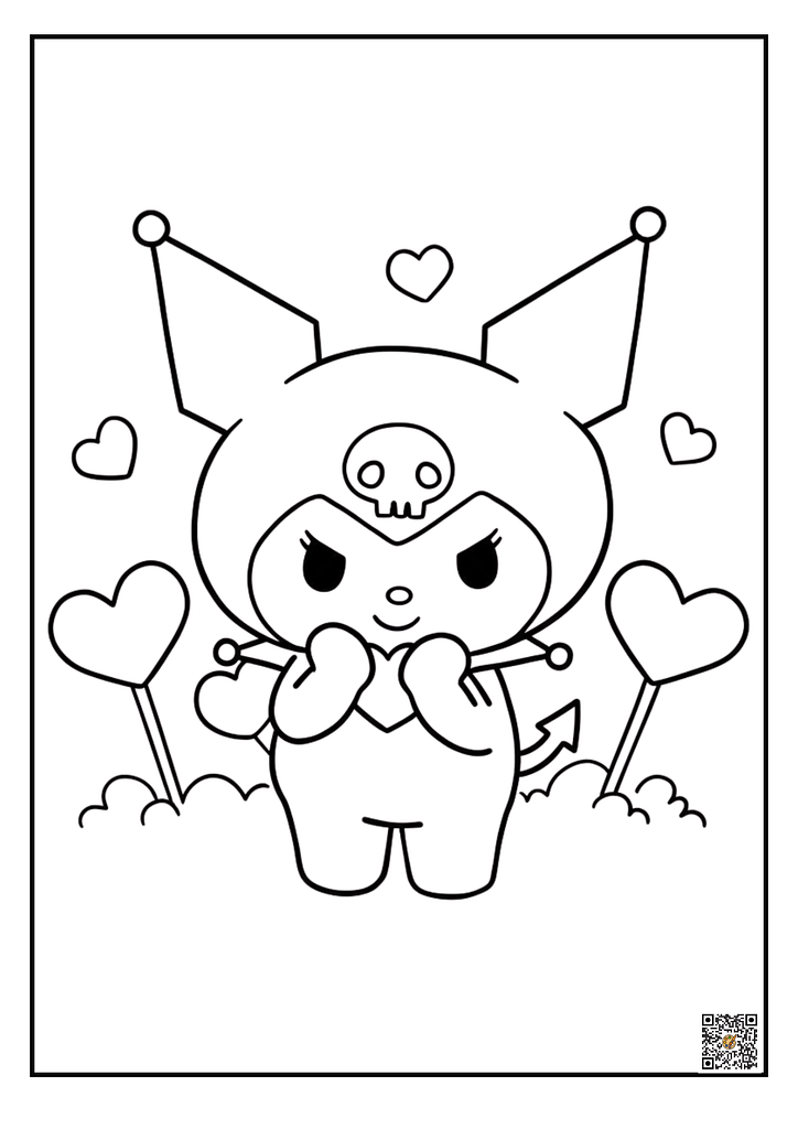 Cute Kuromi with hearts coloring page and colored sample
