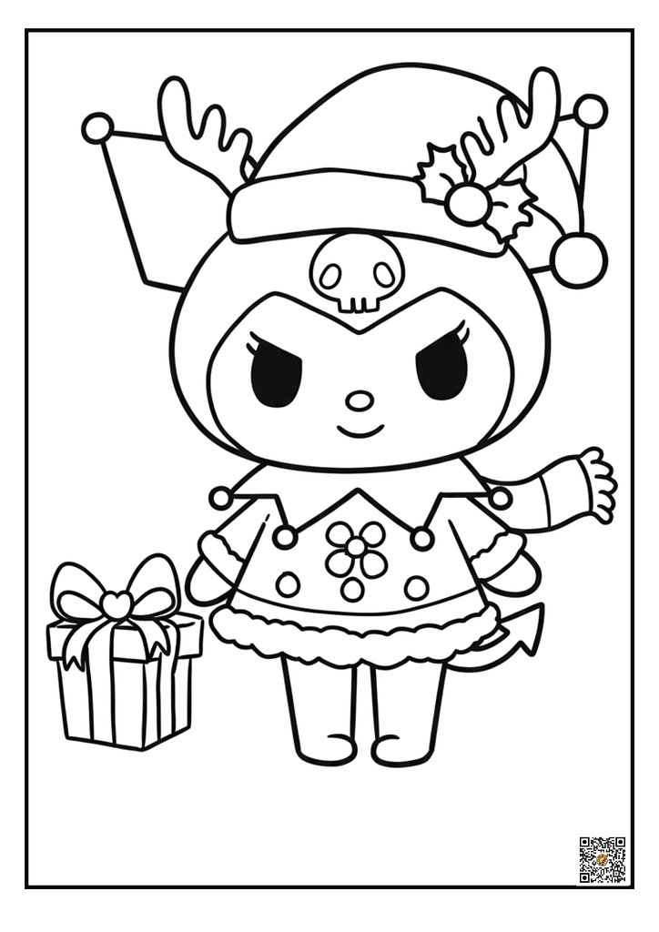 Kuromi in Christmas outfit coloring page and finished art