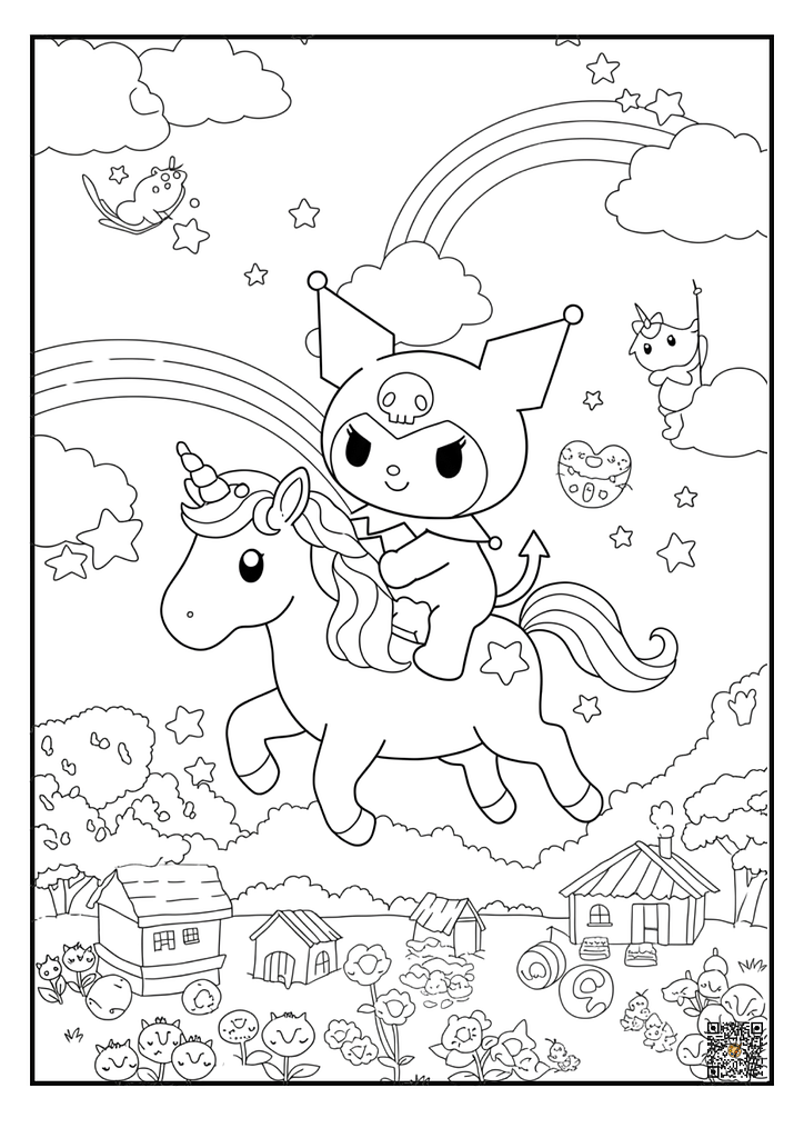 Kuromi riding unicorn in rainbow sky coloring page