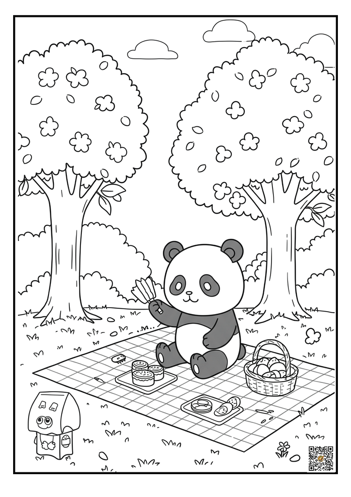 Kuromi having picnic with panda under cherry tree coloring page