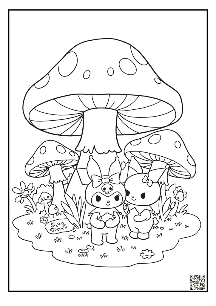 Kuromi and bunny under mushroom canopy coloring page
