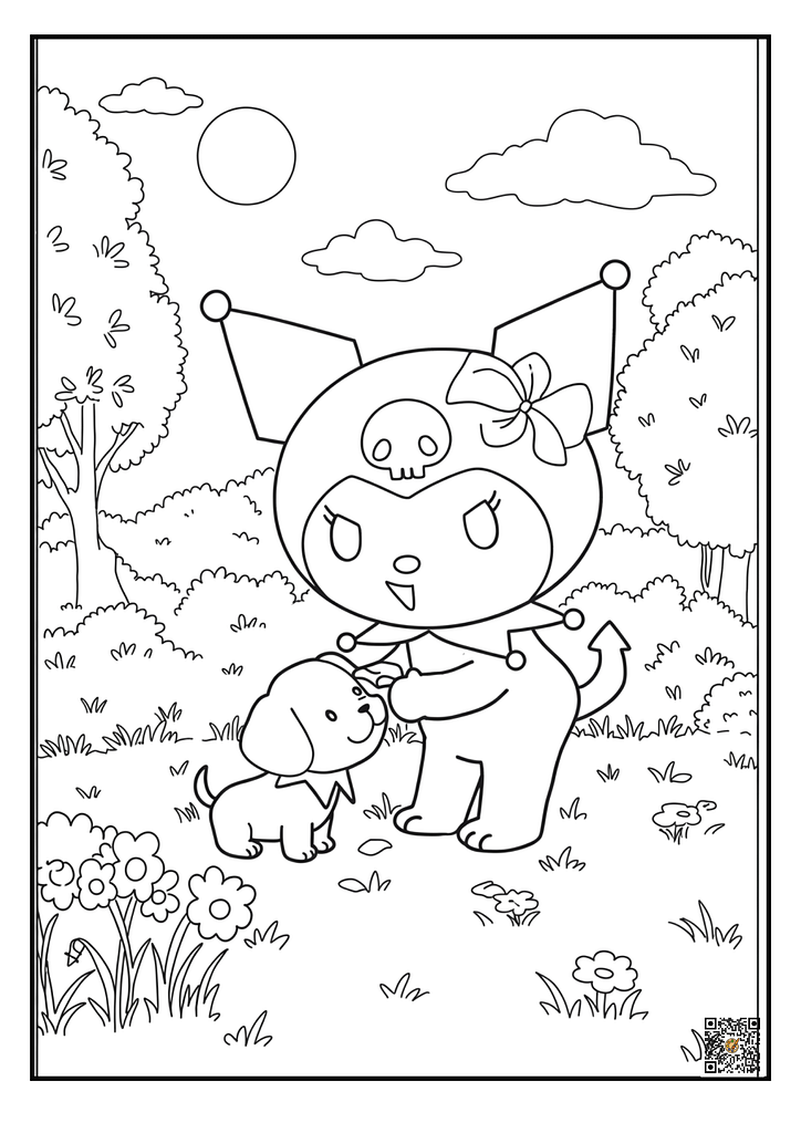 Kuromi playing with puppy in sunny park coloring page