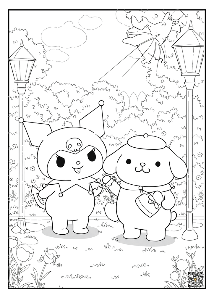 Kuromi and Pompompurin in sunny park coloring page