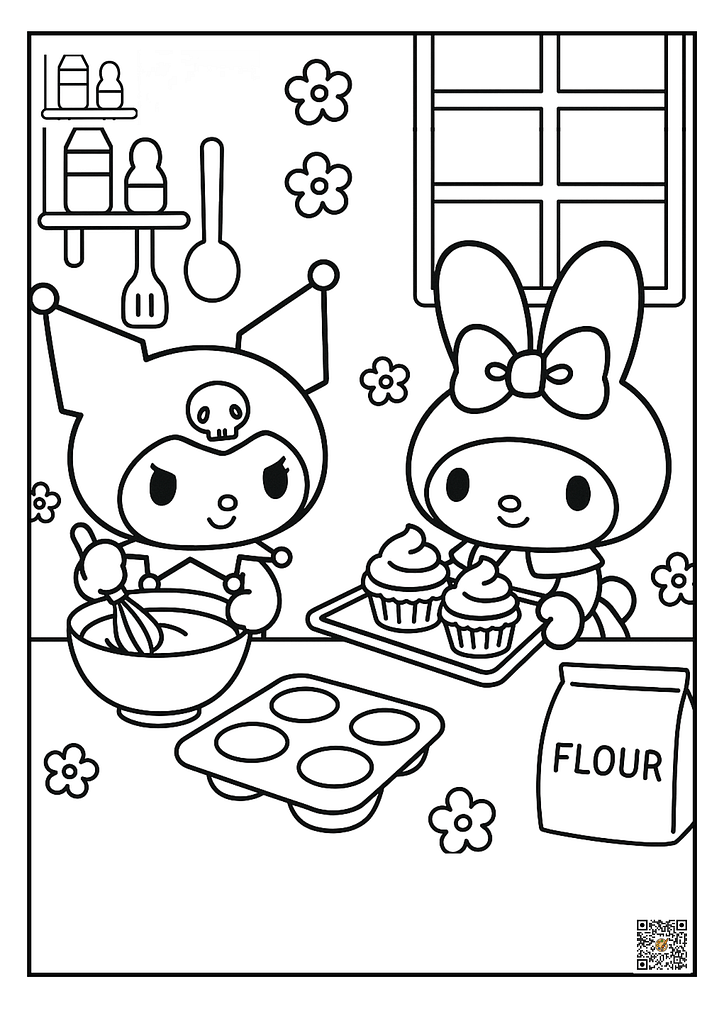 Kuromi and My Melody baking cupcakes coloring page