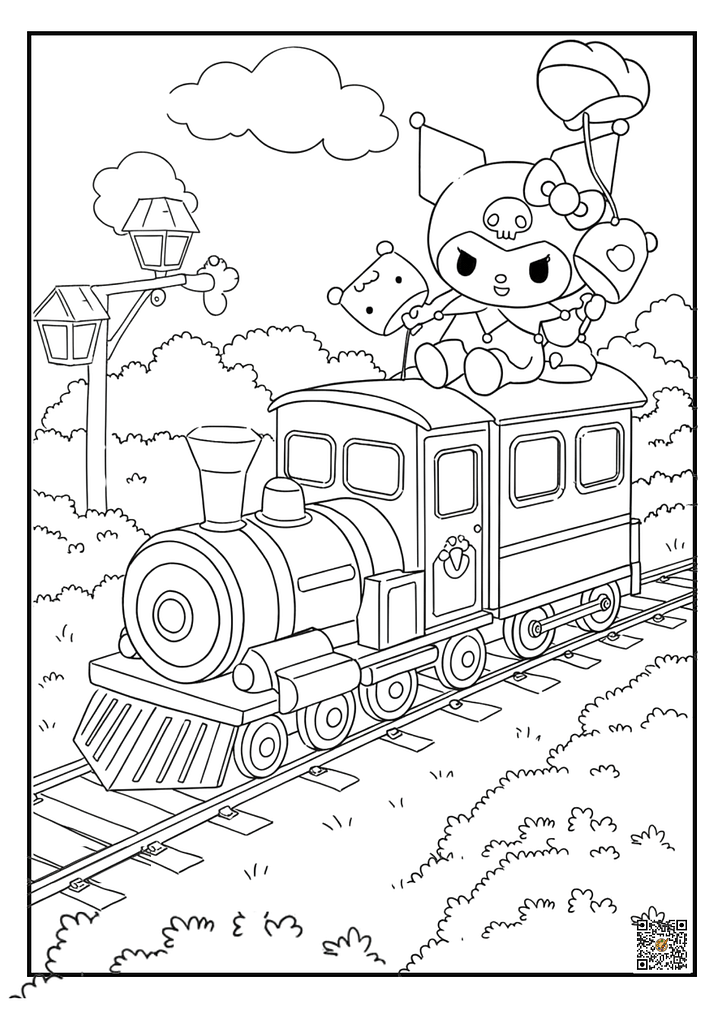 Kuromi and Hello Kitty riding train coloring page
