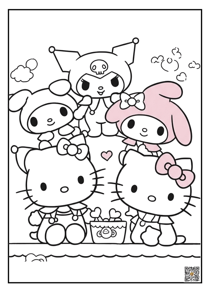 Kuromi with Hello Kitty and Cinnamoroll coloring page
