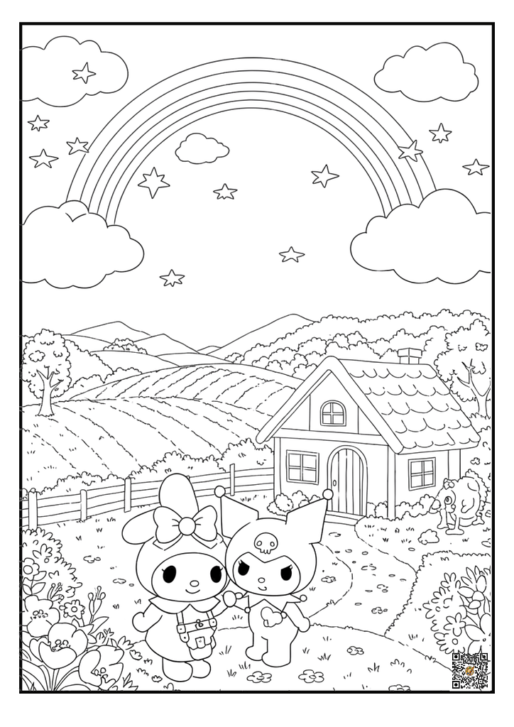 Kuromi sitting under rainbow with candies coloring page