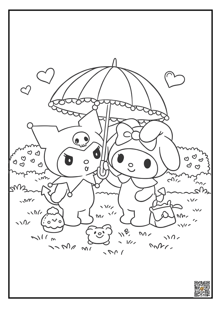 Kuromi and My Melody under umbrella coloring page