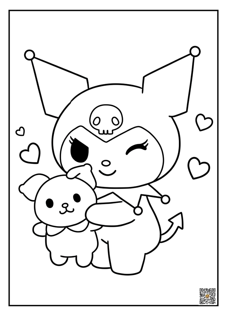 Kuromi winking with plush toy coloring page
