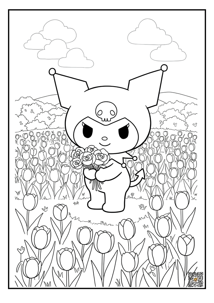 Kuromi holding flowers in tulip field coloring page