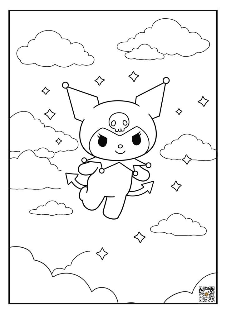 Kuromi floating in dreamy sky coloring page
