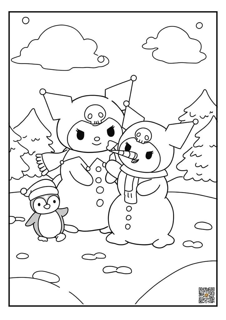 Kuromi building snowman with penguin in winter coloring page