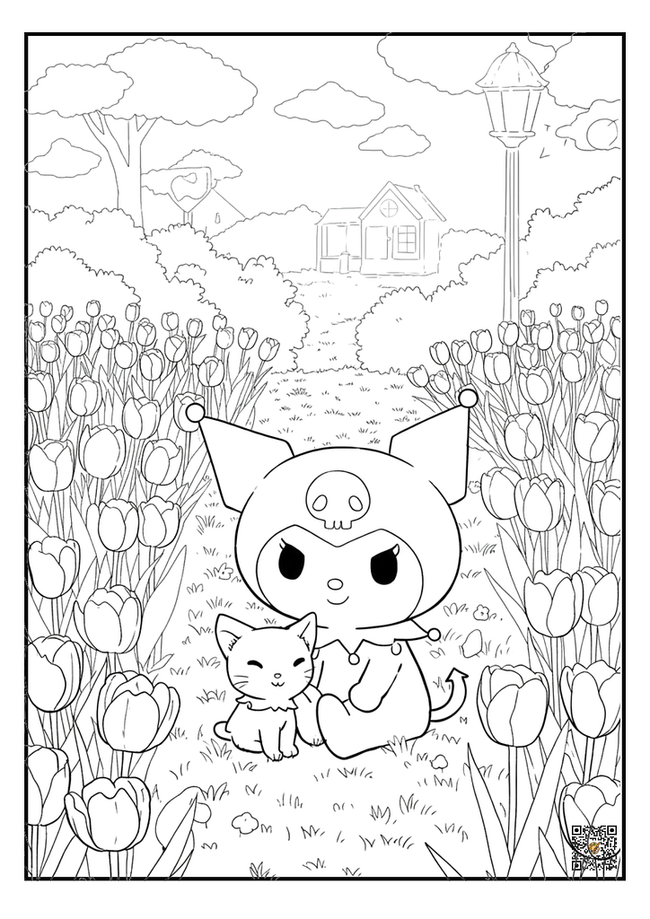 Kuromi sitting with kitten in tulip garden coloring page