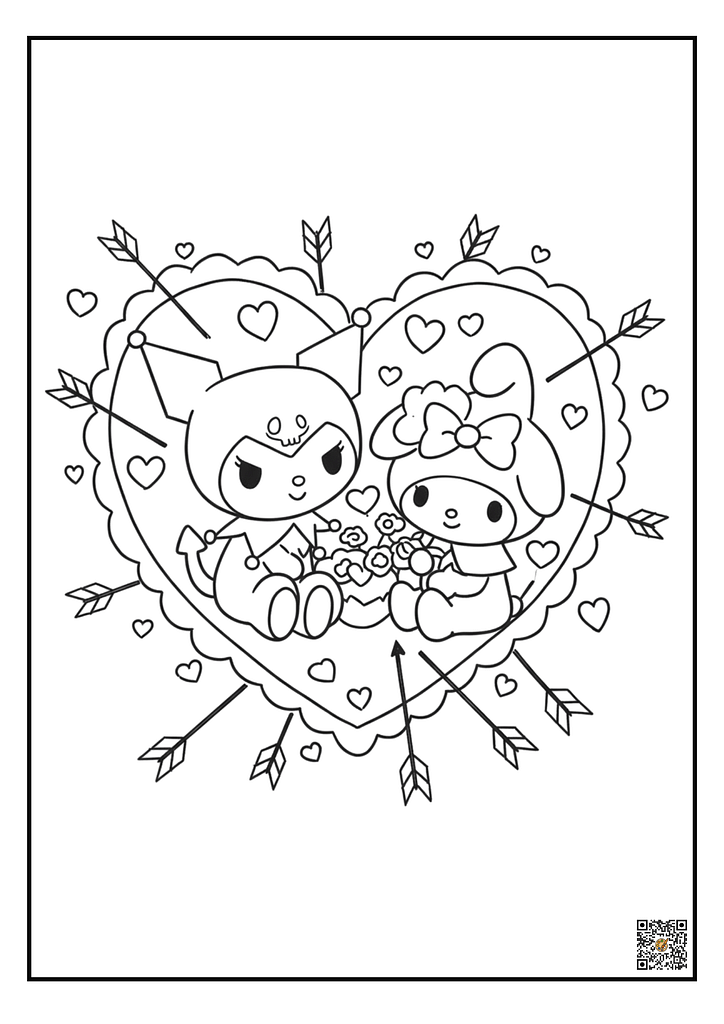 Kuromi and My Melody in heart frame coloring page 