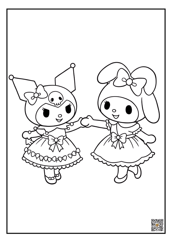 Kuromi and My Melody dancing in dresses coloring page