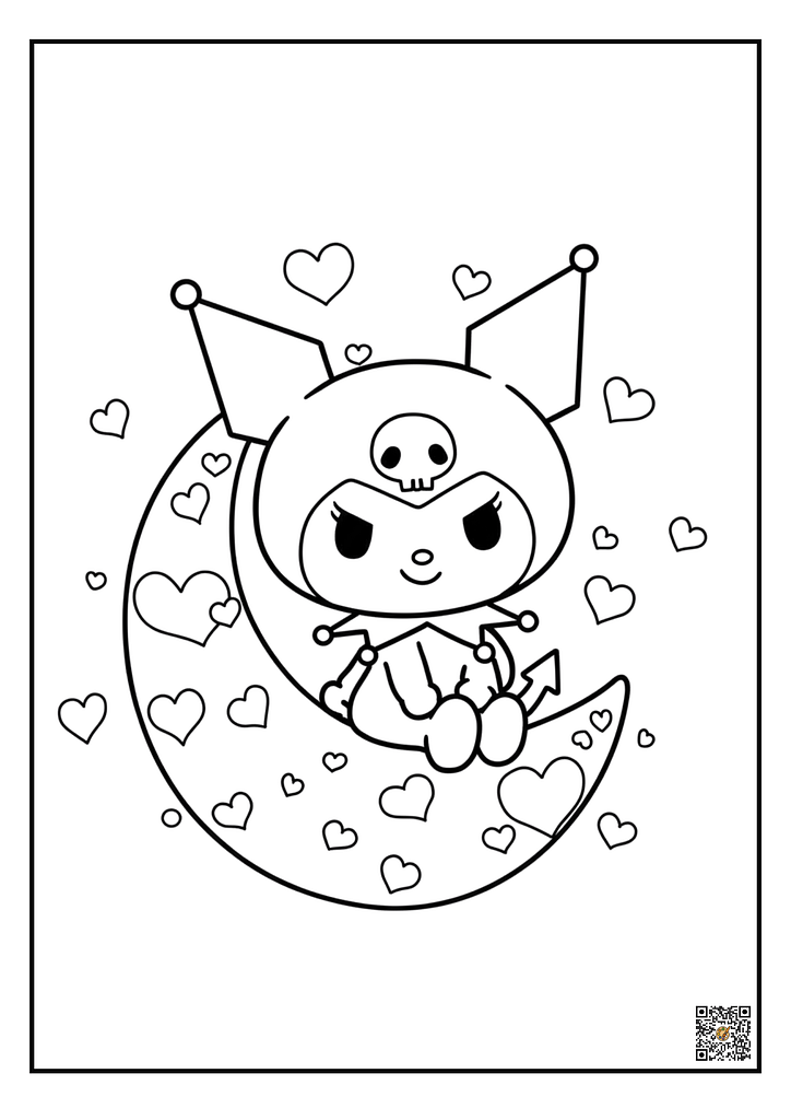 Kuromi sitting on moon with hearts coloring page