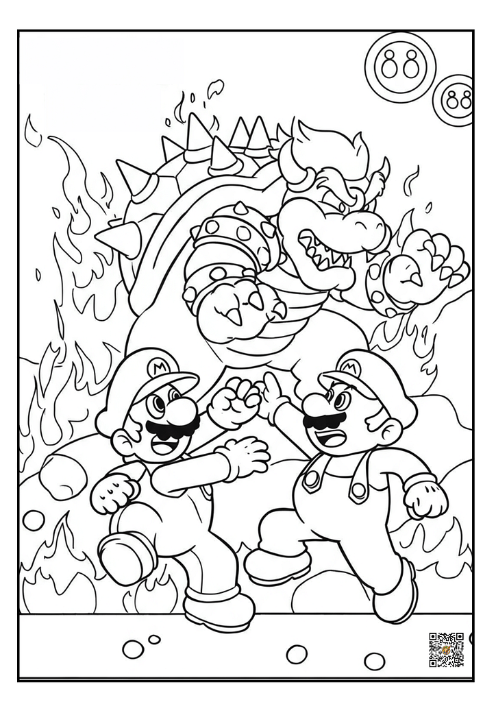 Mario dodging Bowser’s fire breath printable coloring page