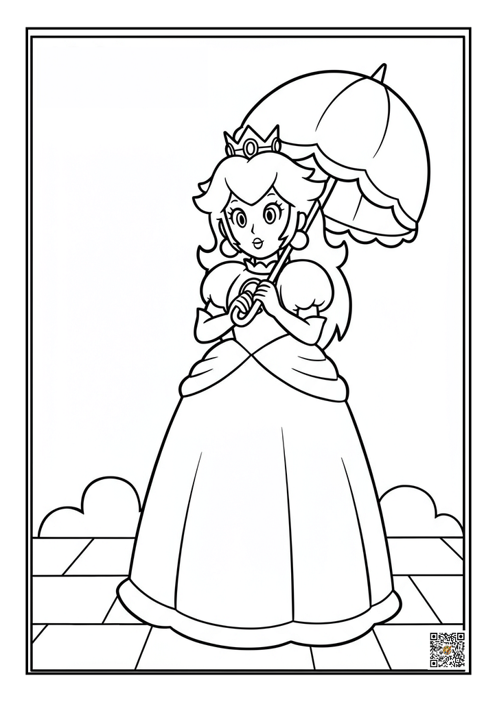 Princess Peach holding umbrella black-and-white coloring page