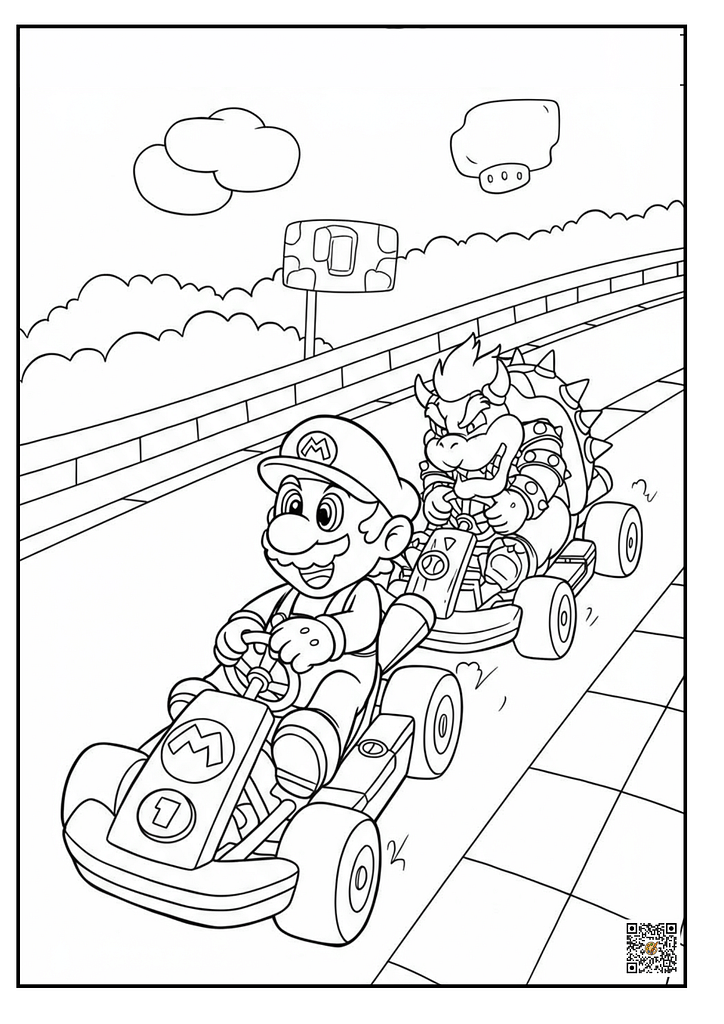 Mario and Bowser racing karts line art coloring sheet