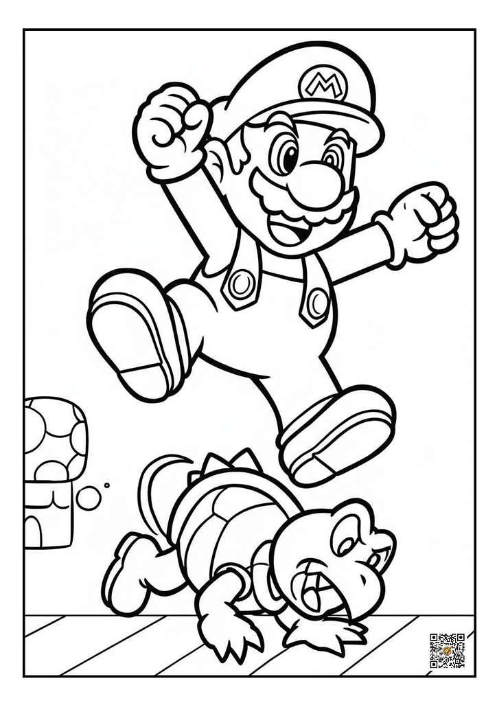 Mario stomping on Koopa Troopa printable coloring sheet