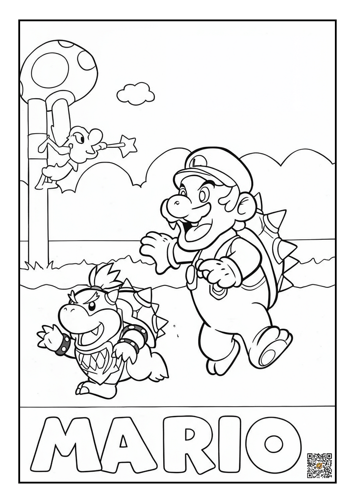 Bowser Jr. causing mischief with Mario chasing coloring page.