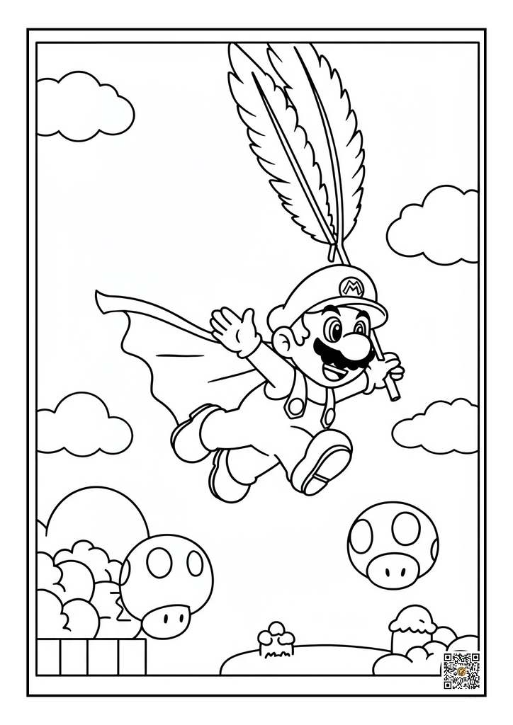 Mario flying with Cape Feather black-and-white coloring sheet