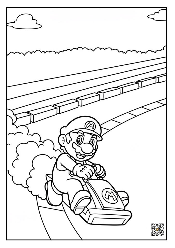 Mario drifting on racetrack line art coloring page