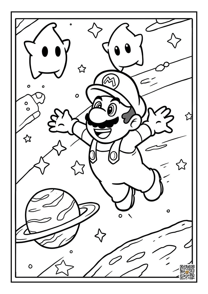Mario flying through space with Luma coloring page