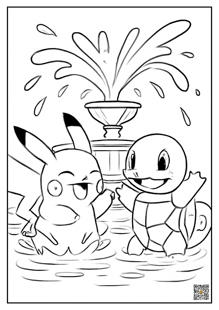 Pikachu and Squirtle playing in a fountain coloring page
