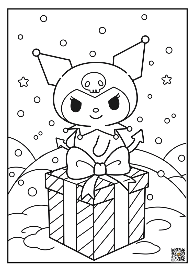 Kuromi sitting on wrapped gift smiling coloring page