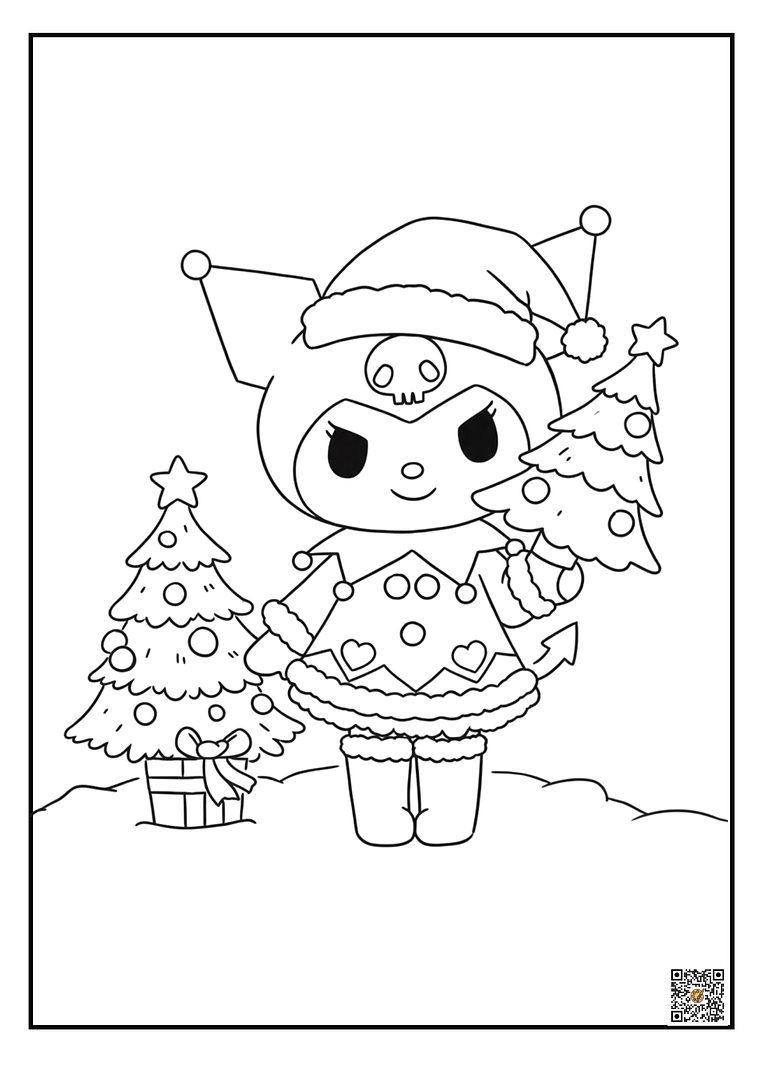 Kuromi with Christmas wreath and bow coloring page