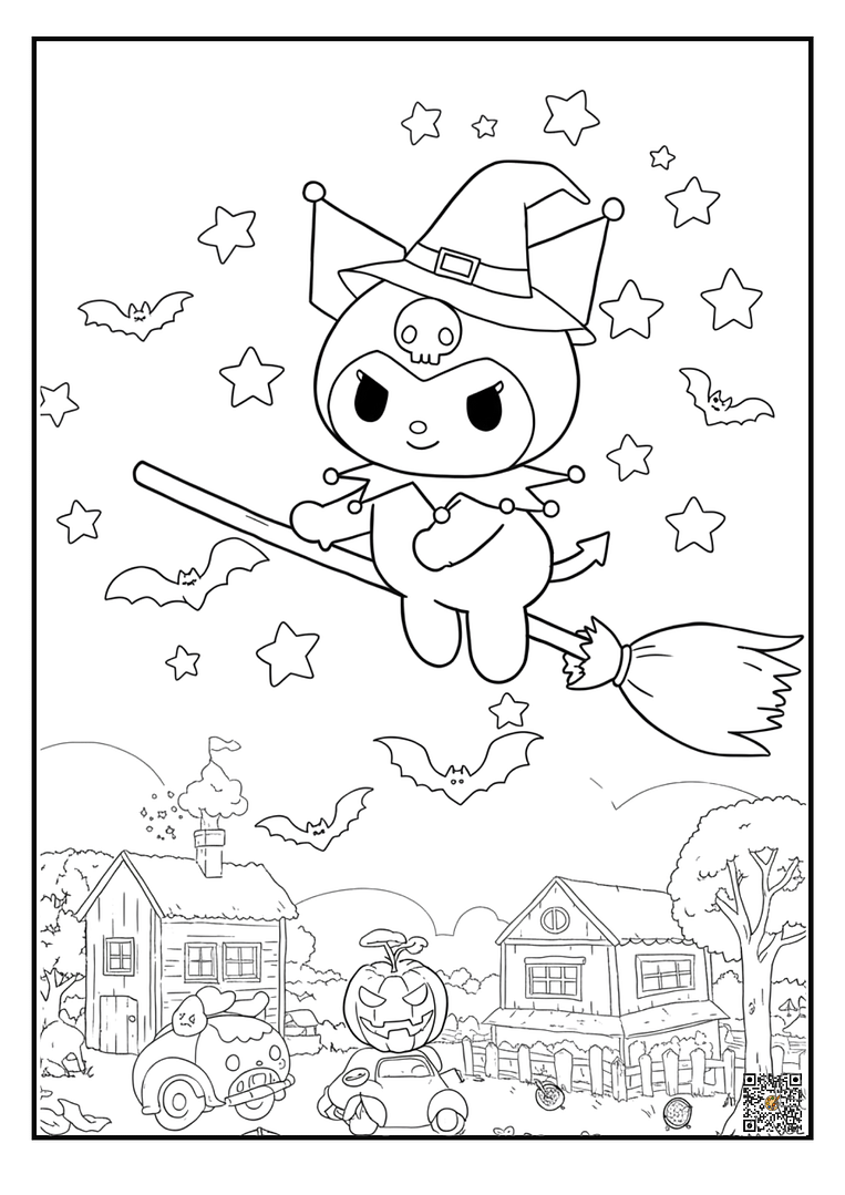 Kuromi flying with broom and stars coloring page (Halloween)