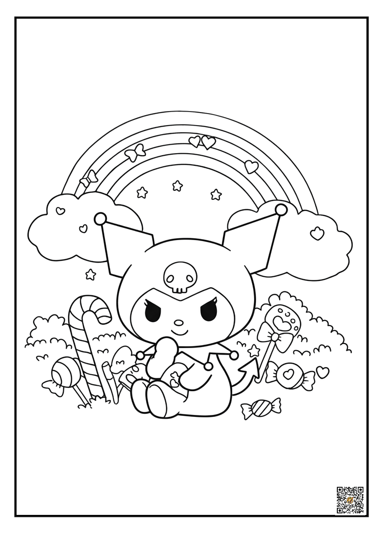 Kuromi riding in rainbow sky coloring page