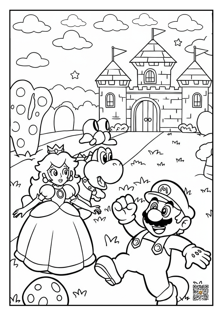 Mario rescuing Princess Peach from Bowser’s castle coloring page