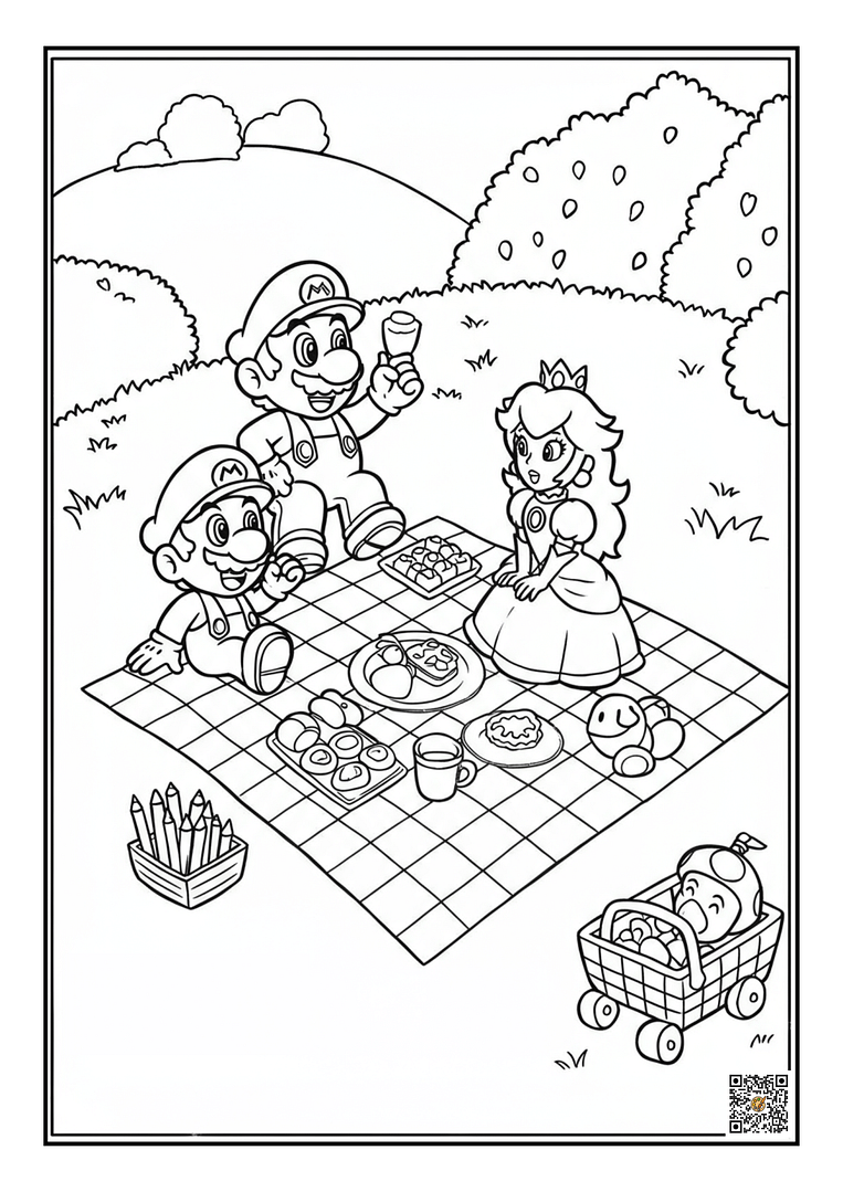 Mario and Peach picnic with Toad coloring page printable