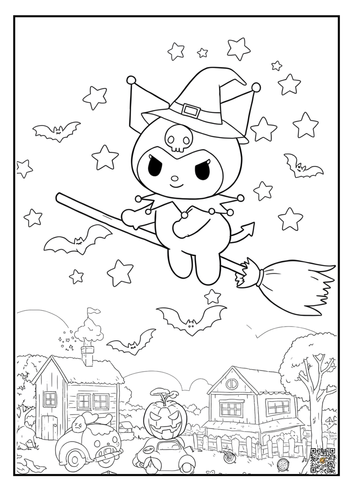 Kuromi flying with broom and stars coloring page (Halloween)