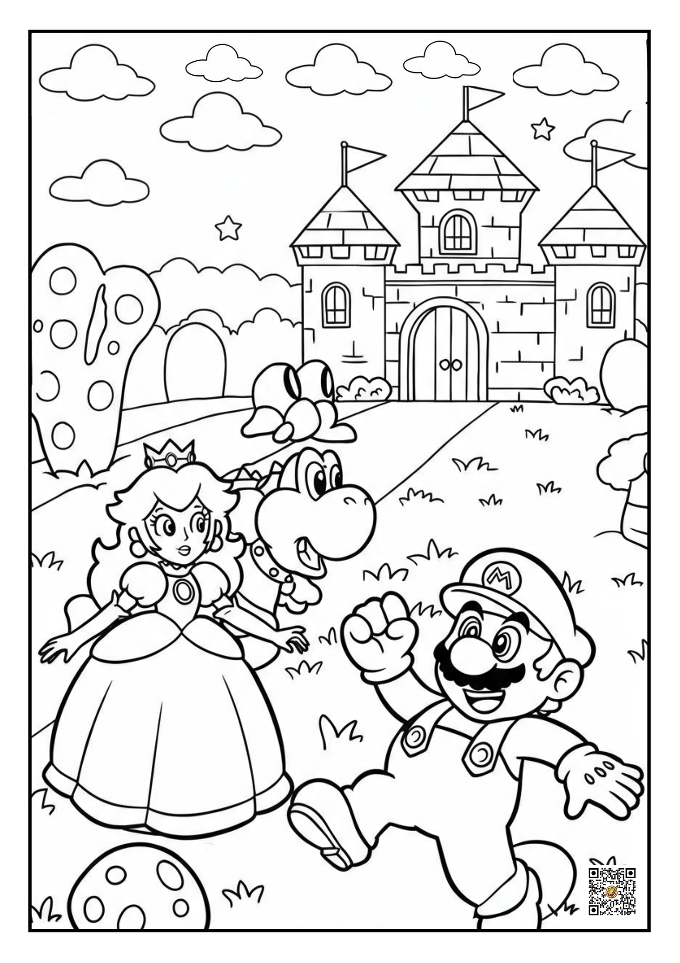 Mario rescuing Princess Peach from Bowser’s castle coloring page