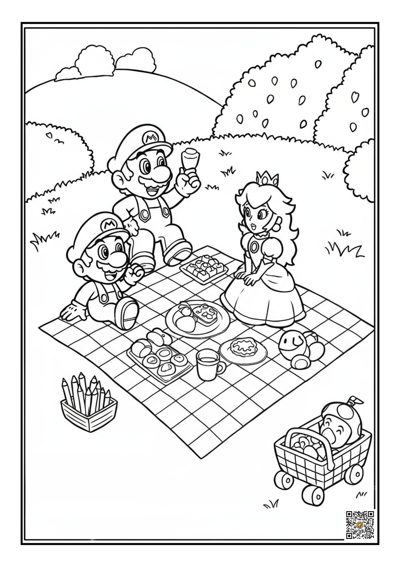 Mario and Peach picnic with Toad coloring page printable