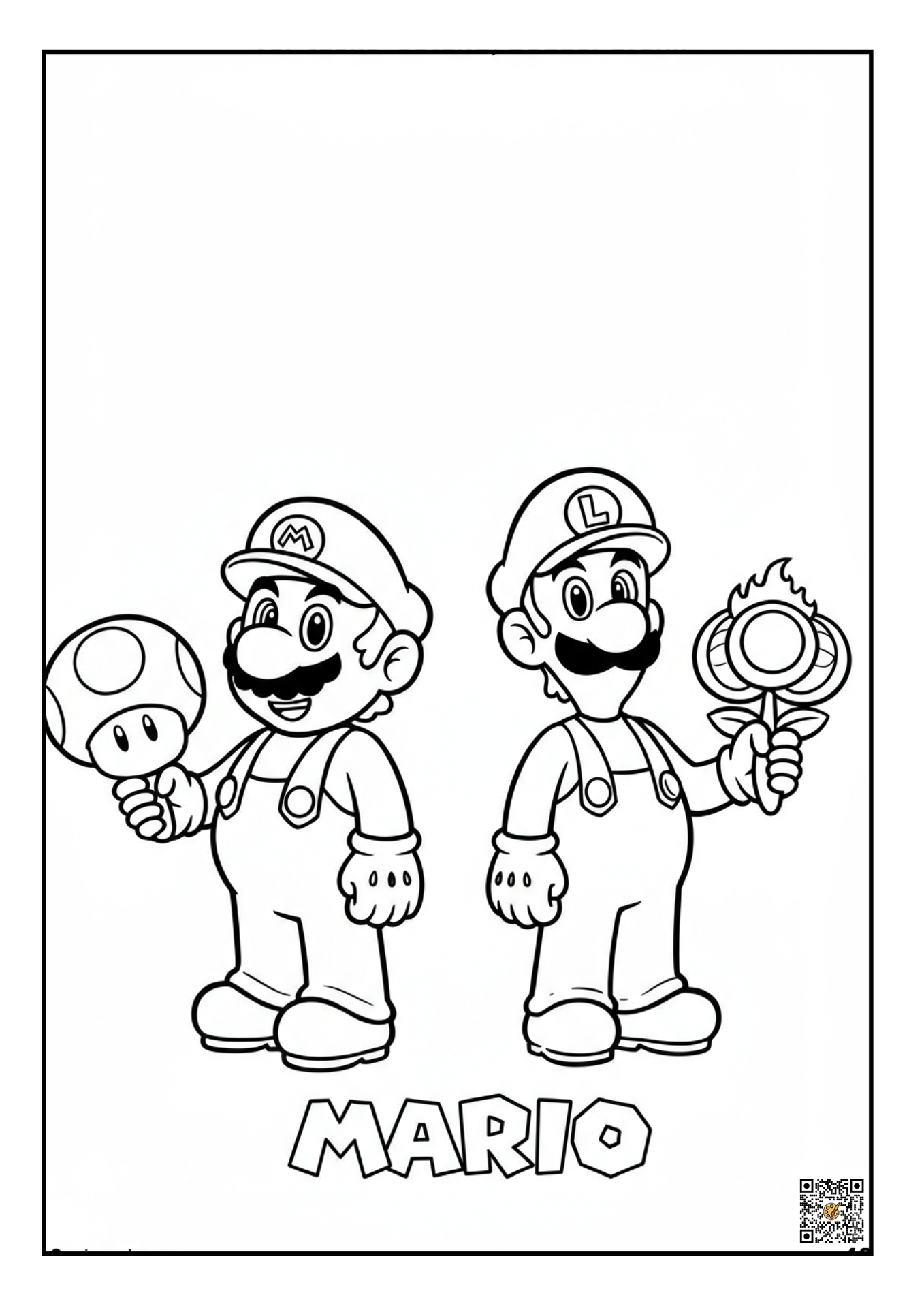 Mario and Luigi holding power-ups line art coloring page