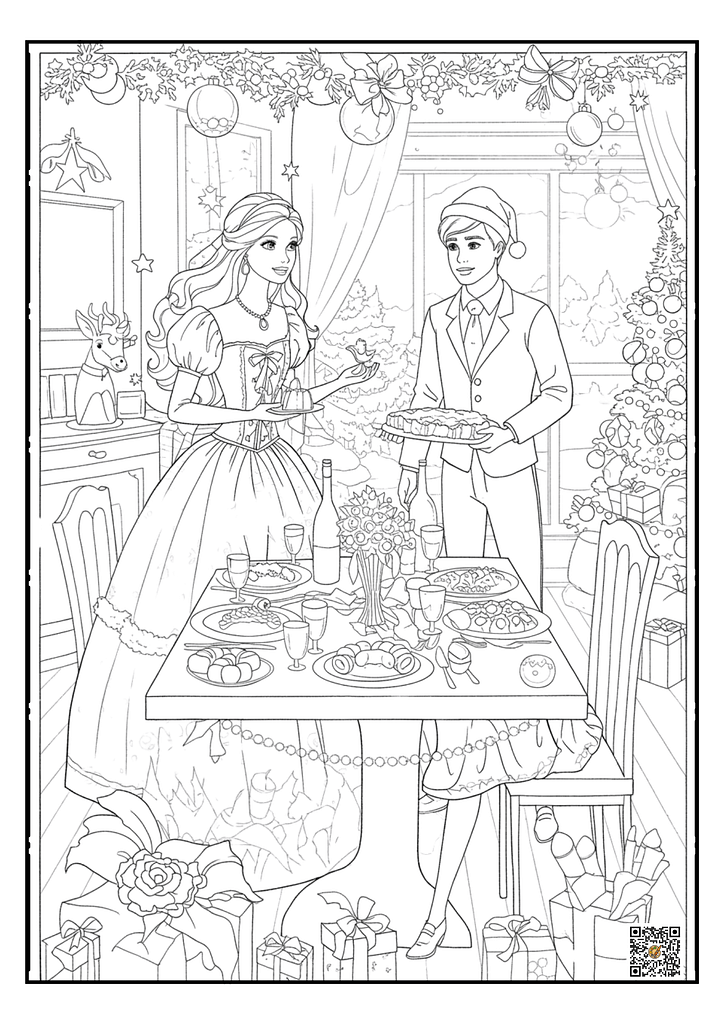 Barbie and Ken decorating a Christmas dinner table coloring page