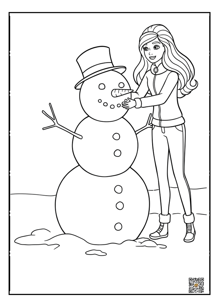 Barbie building a snowman. coloring page